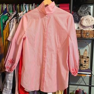 Vision 155 Red & White Pen Stripe 3/4 Balloon Sleeve Top with Embroidery ✨